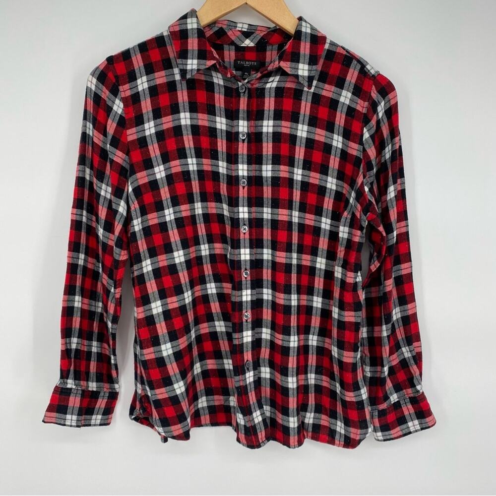 Talbots Shirt Plaid Flannel Metallic Flecks Classic Black & Red Button Down MP